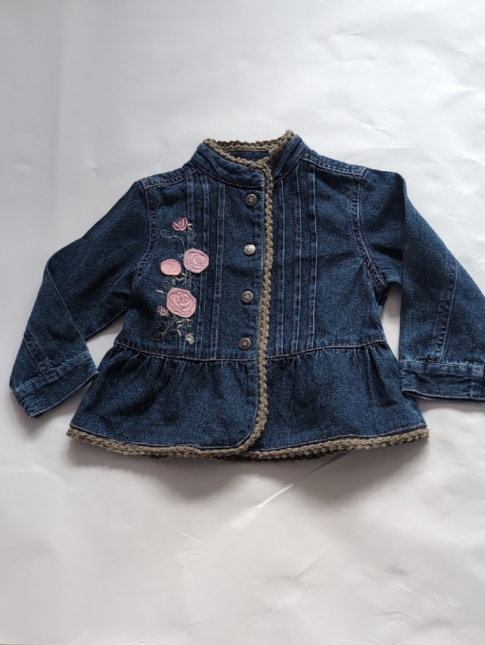 Girls Dark Blue Denim Jacket with Pink Rose Embroidery and Crochet Trim - 24M